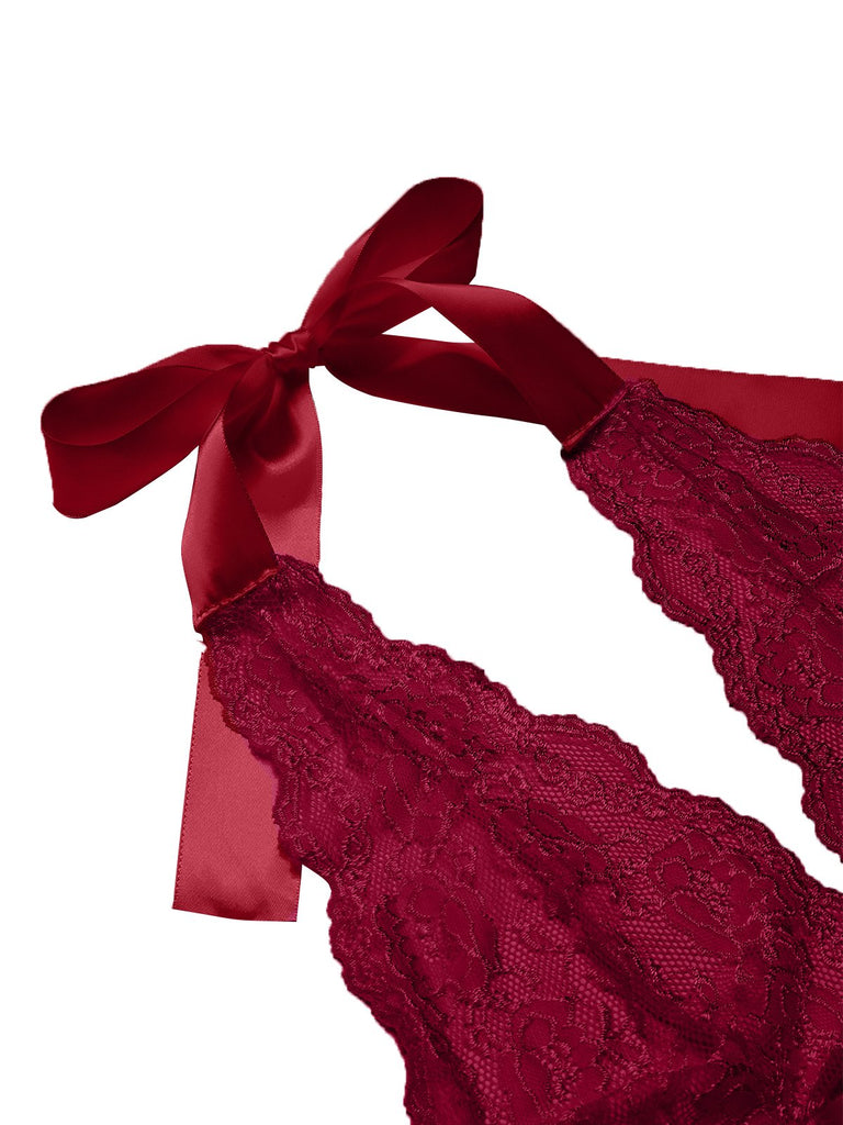 1950er V-Ausschnitt Halter Spitze Transparenter Nachthemden