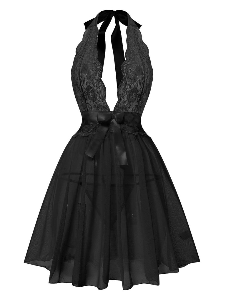 1950er V-Ausschnitt Halter Spitze Transparenter Nachthemden