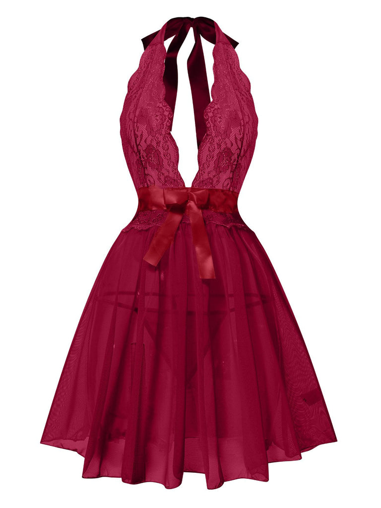 1950er V-Ausschnitt Halter Spitze Transparenter Nachthemden