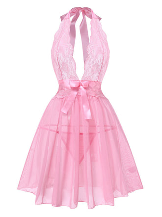 Rosa 1950er V-Ausschnitt Halter Spitze Transparenter Nachthemden