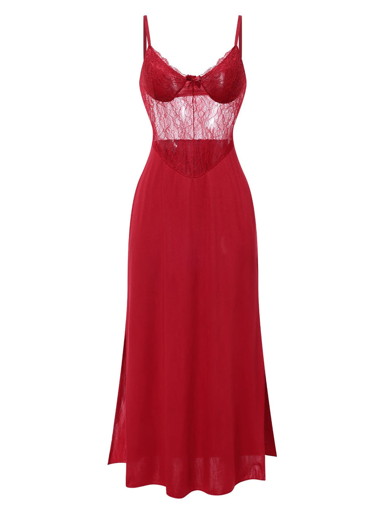 1930er Solide Spaghetti Träger Spitze Chiffon Nachthemd