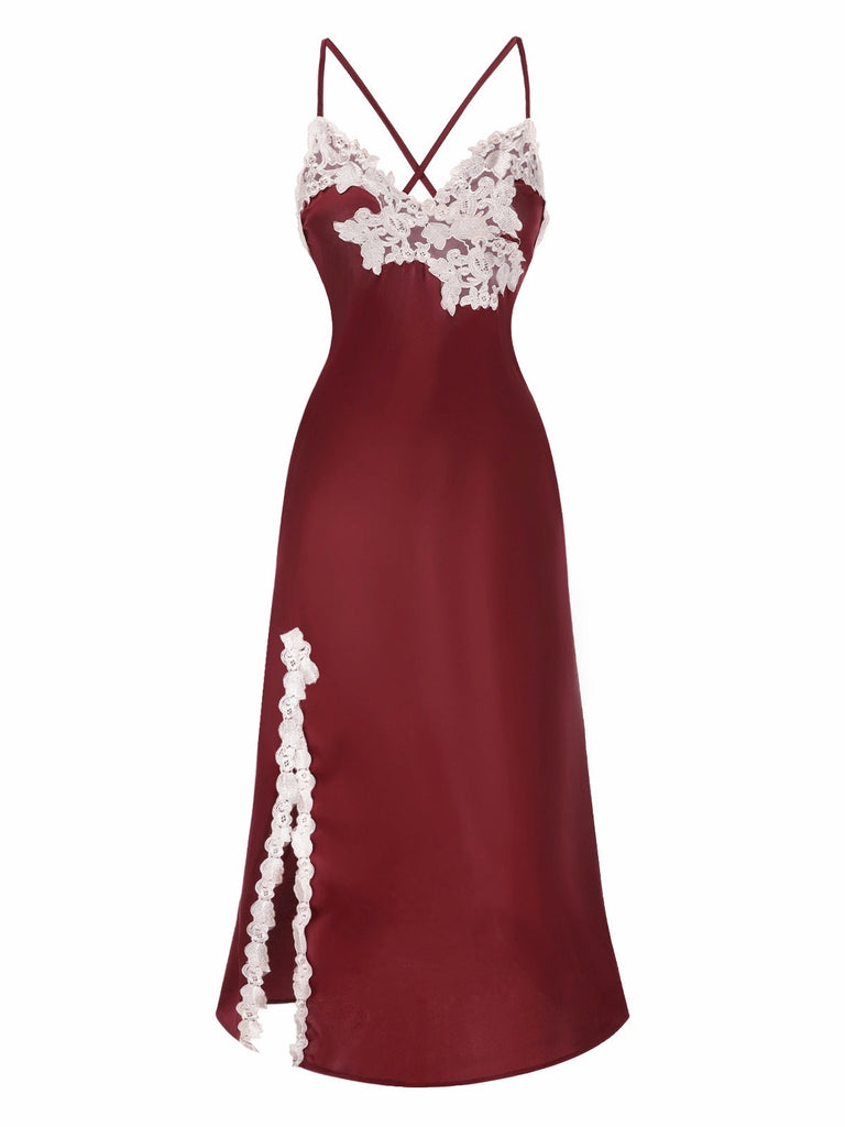 Rot 1930er Spaghetti Träger Seitenschlitz Spitze Nachthemden