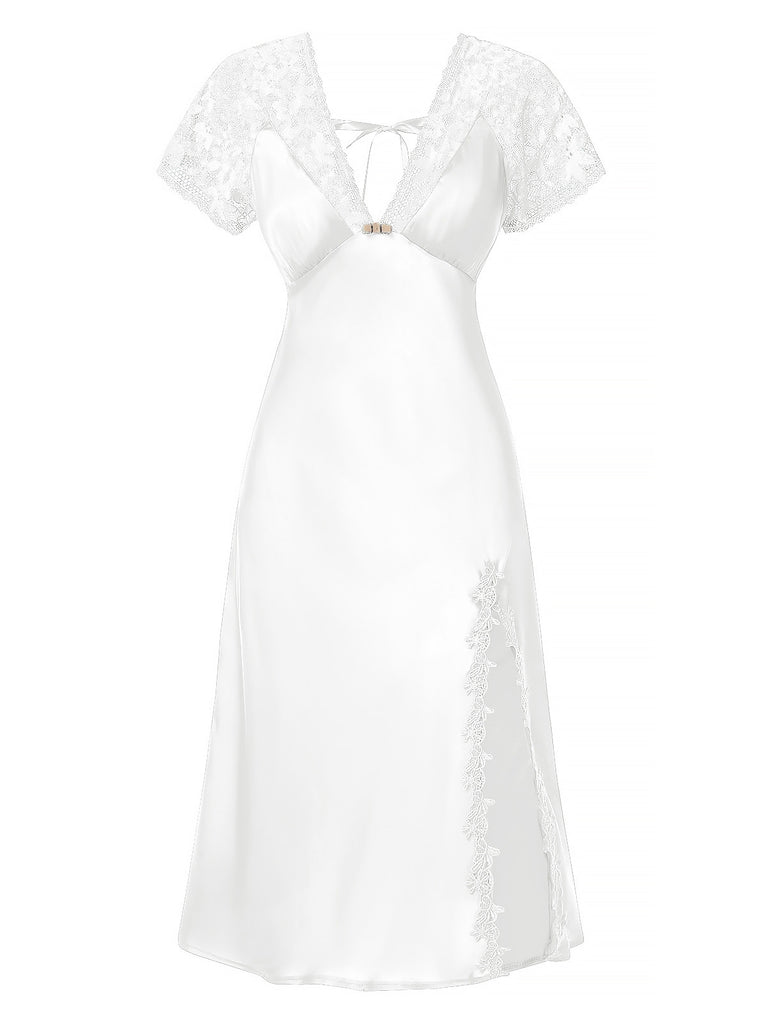 1960er Solide Spitze Satin Patchwork V-Ausschnitt Nachthemd