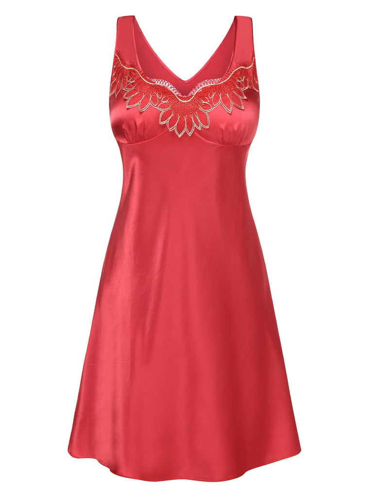 Rot 1960er Besticktes Spitze Patchwork Satin Nachthemd