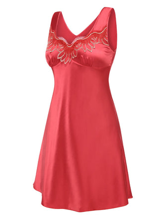 Rot 1960er Besticktes Spitze Patchwork Satin Nachthemd