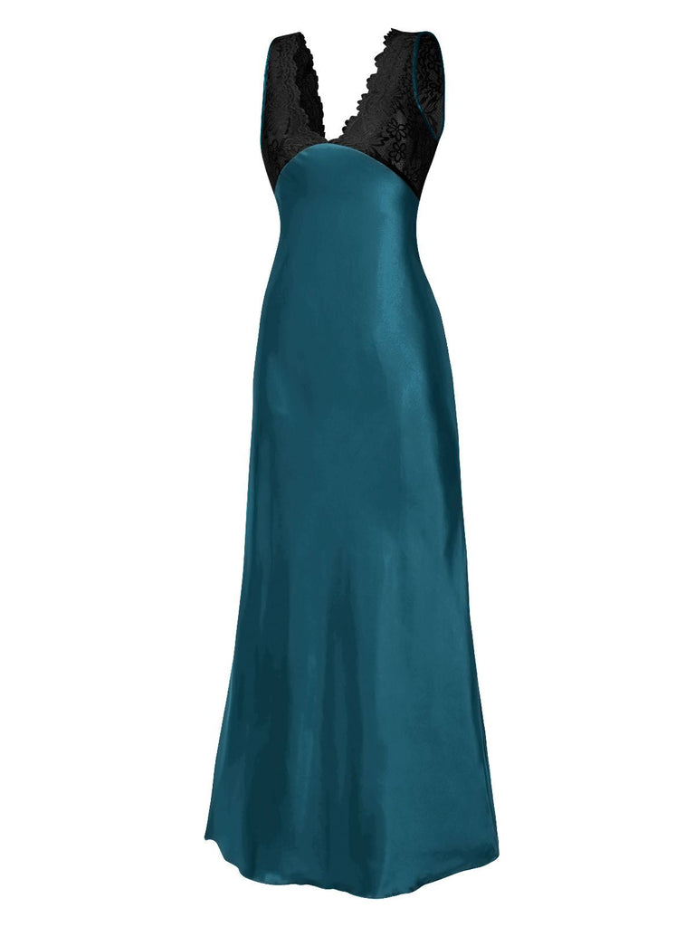 1930er Spitze Hohl Satin Patchwork V-Ausschnitt Nachthemd