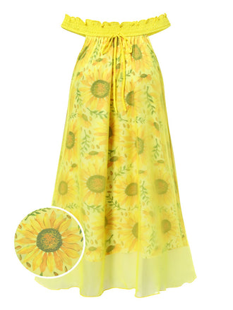[Vorverkauf] Gelb 1950er Sonnenblume Boot Neck Tüll Nachthemd