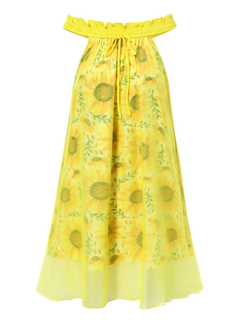 [Vorverkauf] Gelb 1950er Sonnenblume Boot Neck Tüll Nachthemd