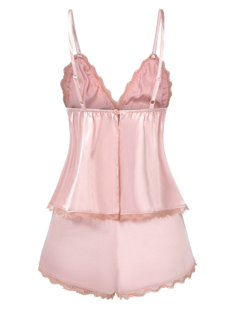 Rosa 1950er Punkte Spitze Besatz Satin Pyjama Set