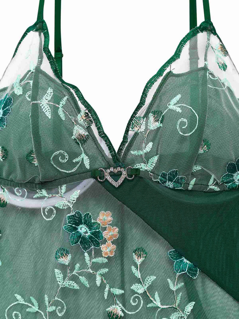 Grün 1930er Spitze Bestickt Blumen Träger Nachthemd