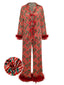 Rot 1950er Stechpalme & Candy Streifen Feder Pajama Set