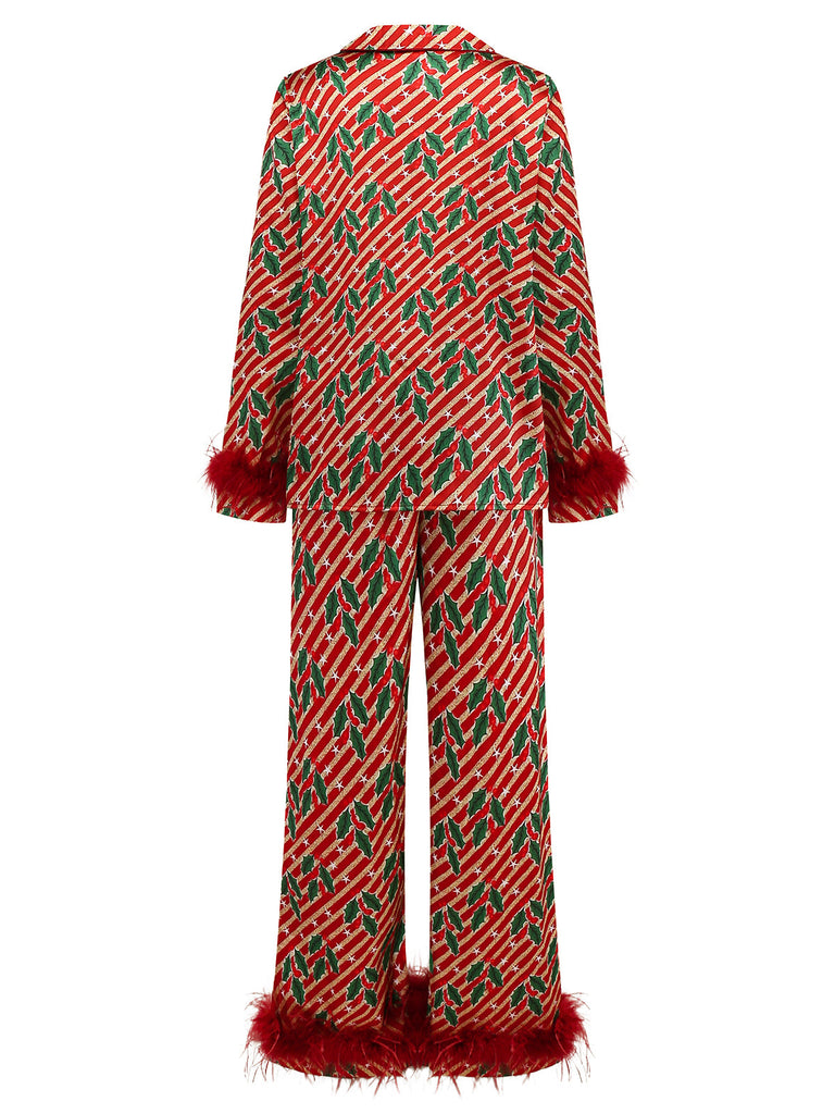 Rot 1950er Stechpalme & Candy Streifen Feder Pajama Set