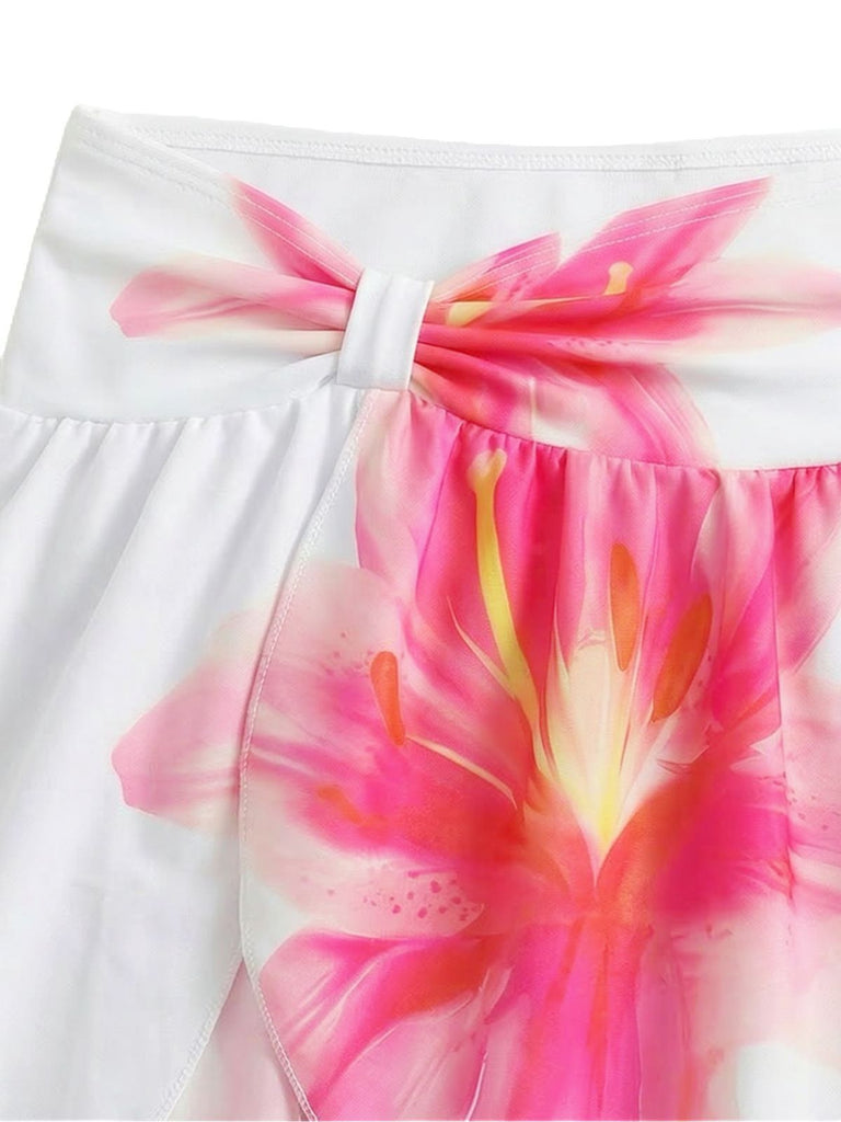 Weiß 1930er Lilien Blumen Halter Wickel Netz Rock Bikini Set