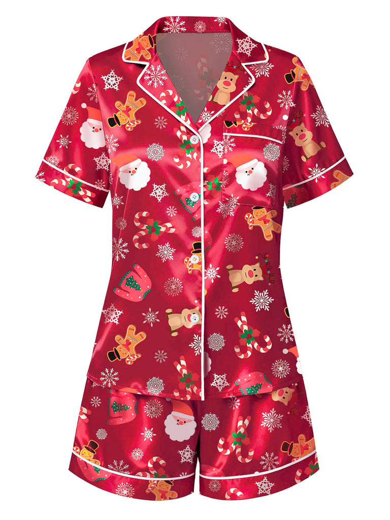Rot 1950er Revers Weihnachten Pyjama Set