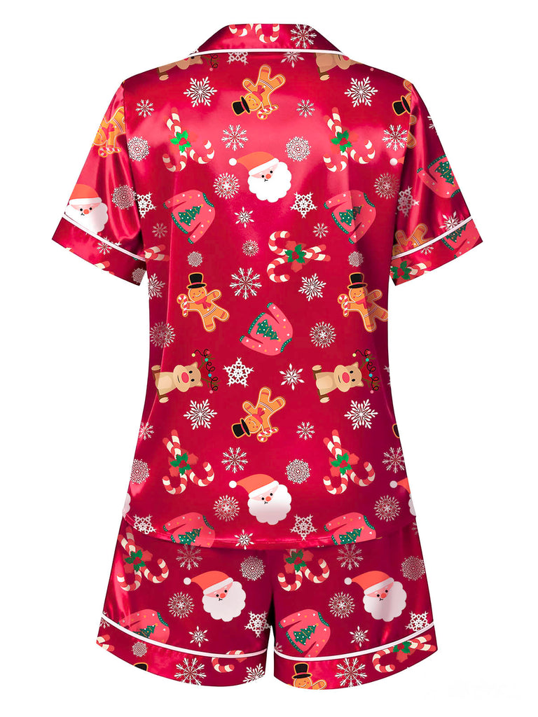 Rot 1950er Revers Weihnachten Pyjama Set
