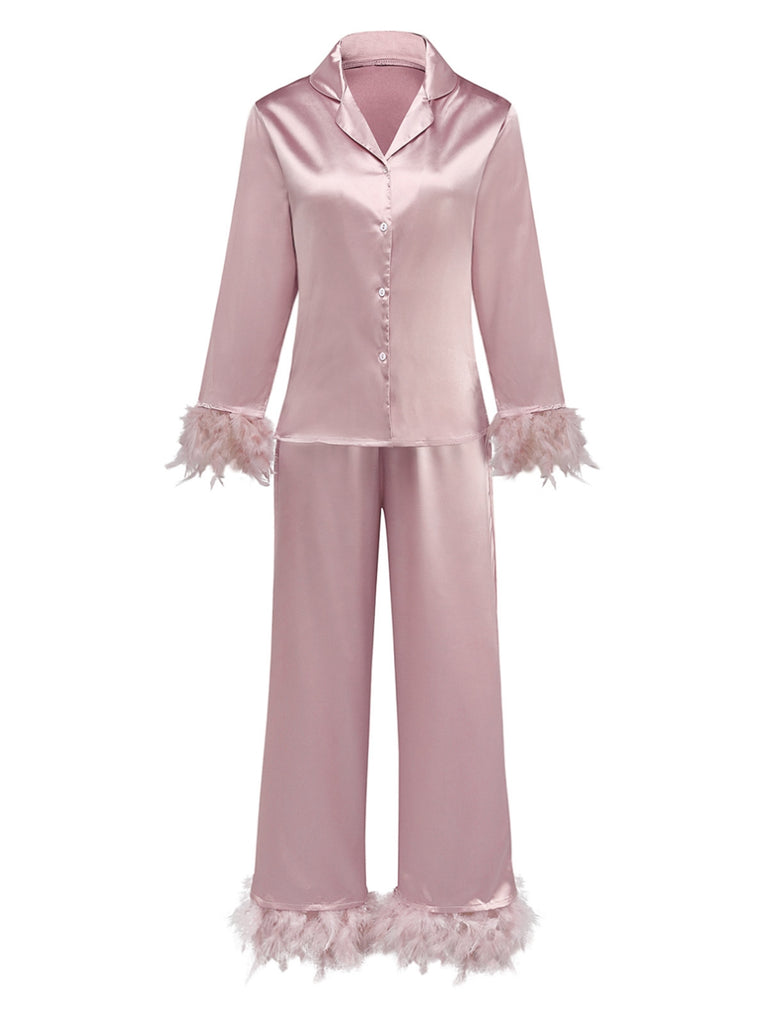 1930er Solide Federbesatz Satin Pyjama Set