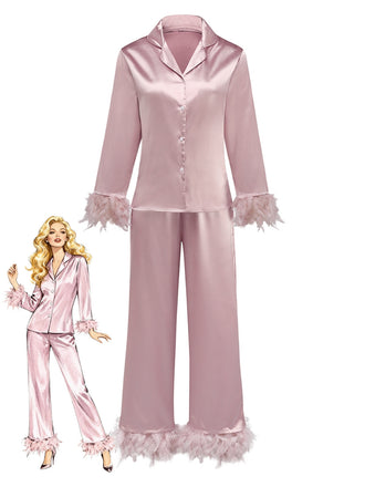 1930er Solide Federbesatz Satin Pyjama Set