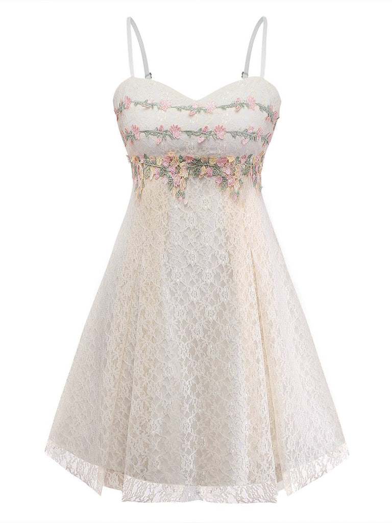 [Vorverkauf] Aprikose 1950er Blumen Besticktes Spitze Slip Nachthemd