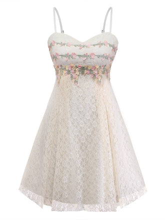 [Vorverkauf] Aprikose 1950er Blumen Besticktes Spitze Slip Nachthemd
