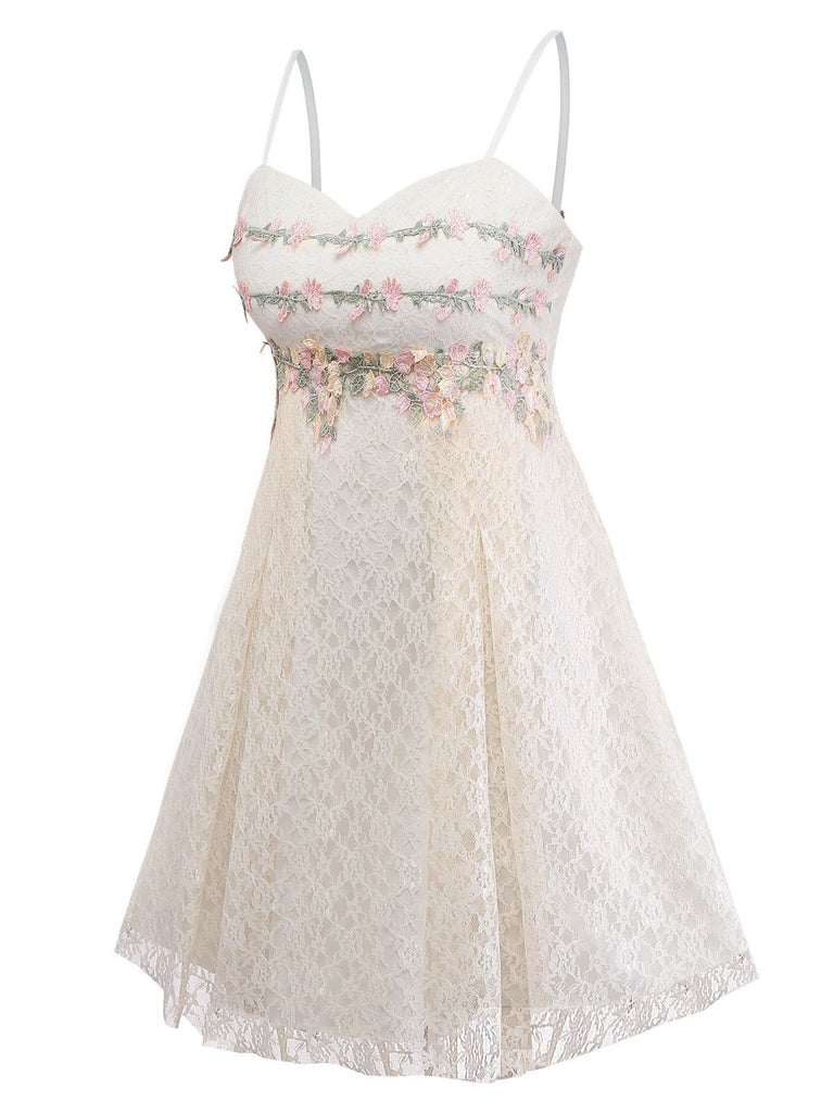 [Vorverkauf] Aprikose 1950er Blumen Besticktes Spitze Slip Nachthemd