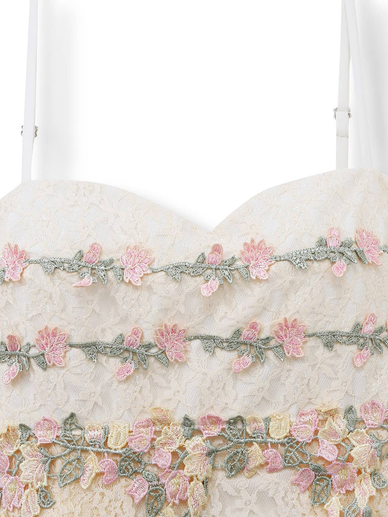 [Vorverkauf] Aprikose 1950er Blumen Besticktes Spitze Slip Nachthemd