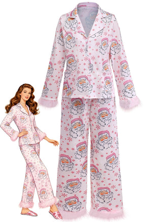 Rosa 1950er Santa Muster Pelzbesatz Pyjama Set