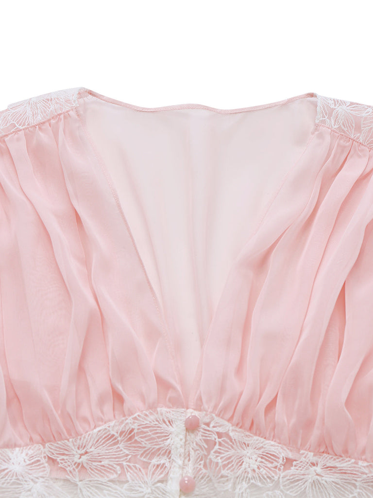 Rosa 1930er Netz Plissiertes Spitze Taille Nachtwäsche