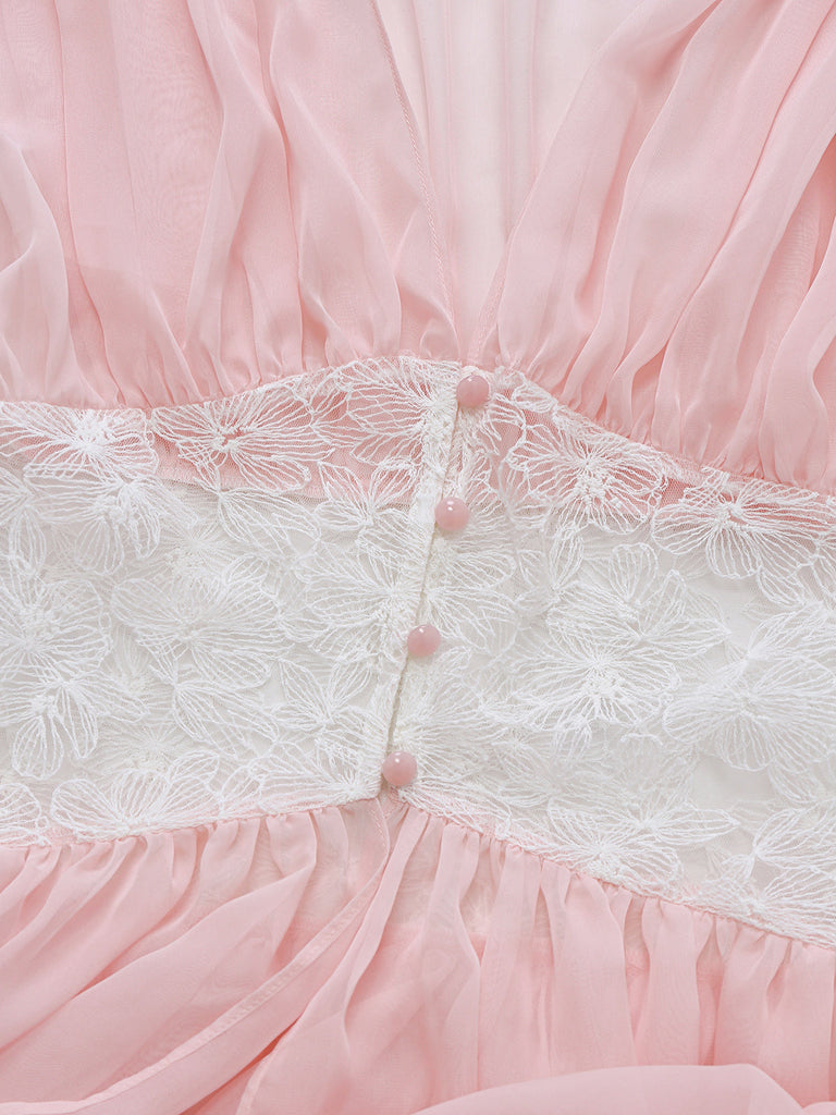 Rosa 1930er Netz Plissiertes Spitze Taille Nachtwäsche