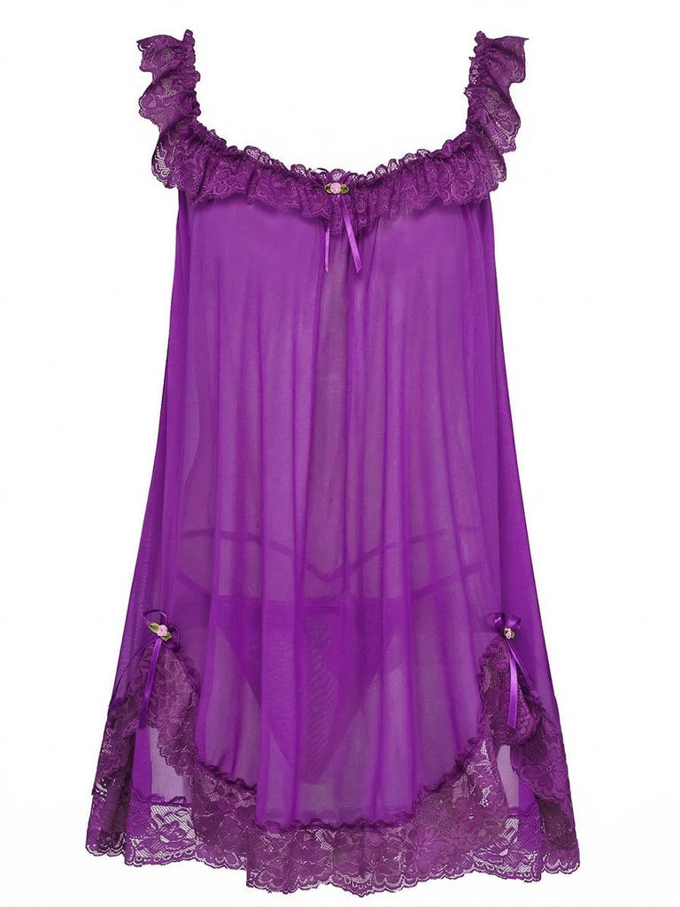 Schwarz 1950er Bogen Spitze Besatz Netz Babydoll Nachthemd