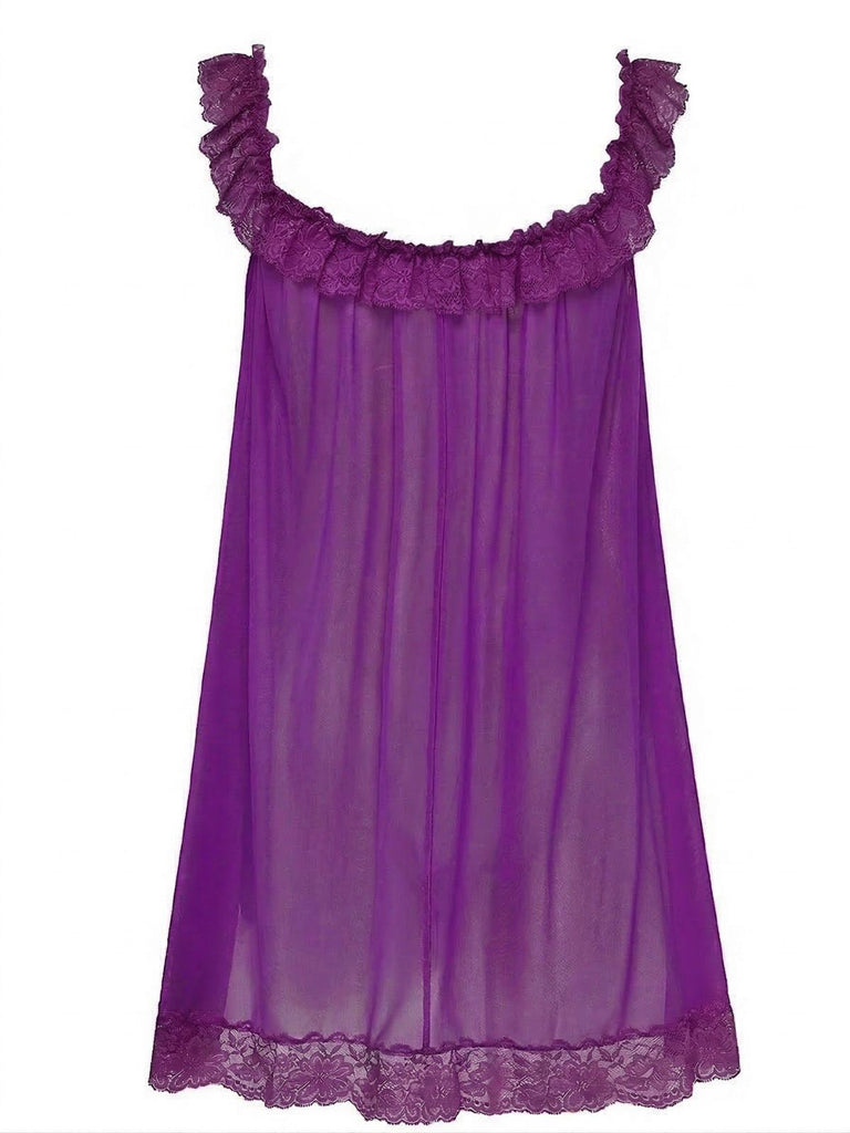 Schwarz 1950er Bogen Spitze Besatz Netz Babydoll Nachthemd