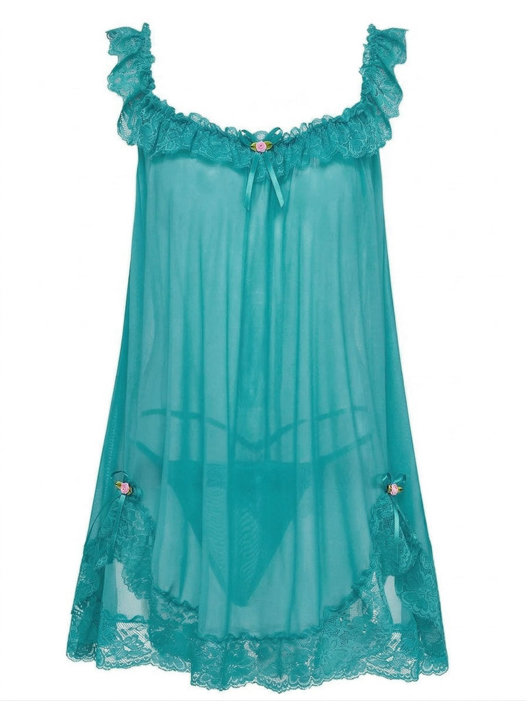 Schwarz 1950er Bogen Spitze Besatz Netz Babydoll Nachthemd