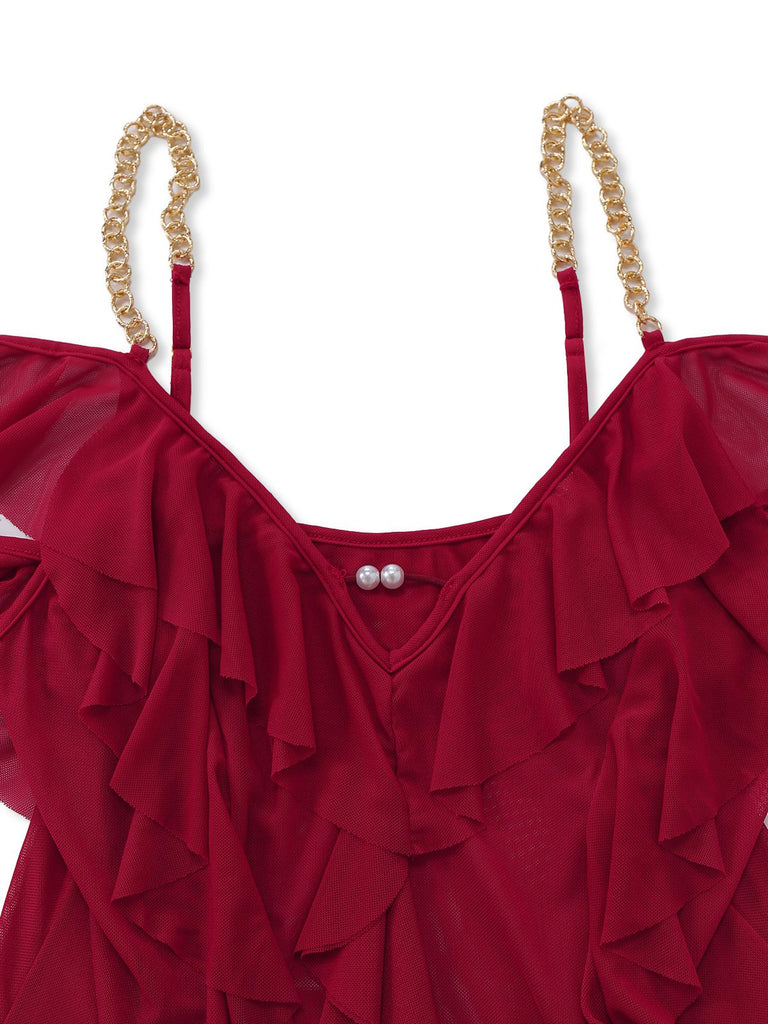 1930er Solide Netz Rüschen Kalte Schulter Schlitz Nachthemd