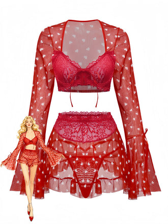 2PCS Rot 1960er Herz Bogen Rüschen Valentinstag Pyjama