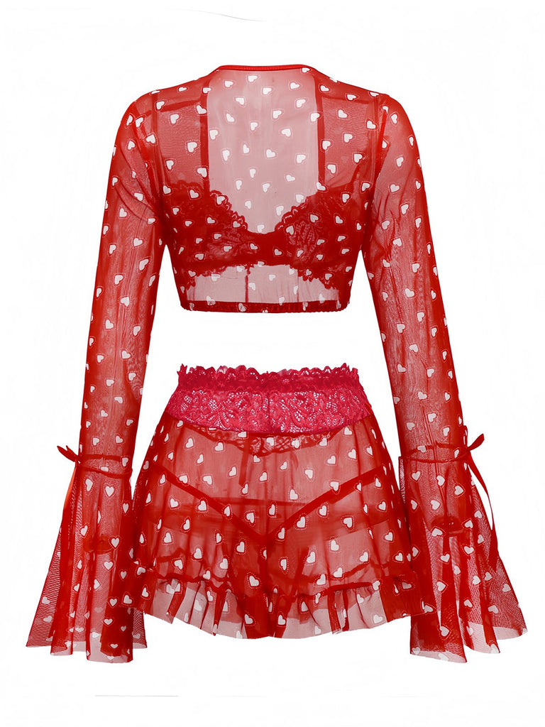 2PCS Rot 1960er Herz Bogen Rüschen Valentinstag Pyjama