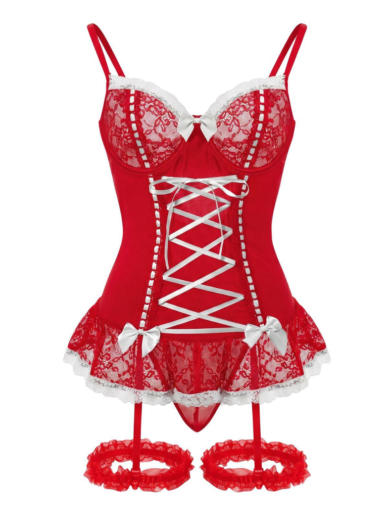 1970er Kontrastiert Spitze Netz Bogen Schnürung Dessous Set