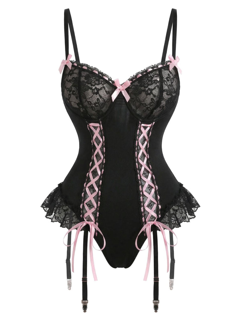 [Vorverkauf] Schwarz 1960er Spitze Bogen Korsett Unterwäsche mit Netz Strümpfe