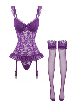 3PCS Lila 1980er Spitze Dessous Set mit Strümpfe