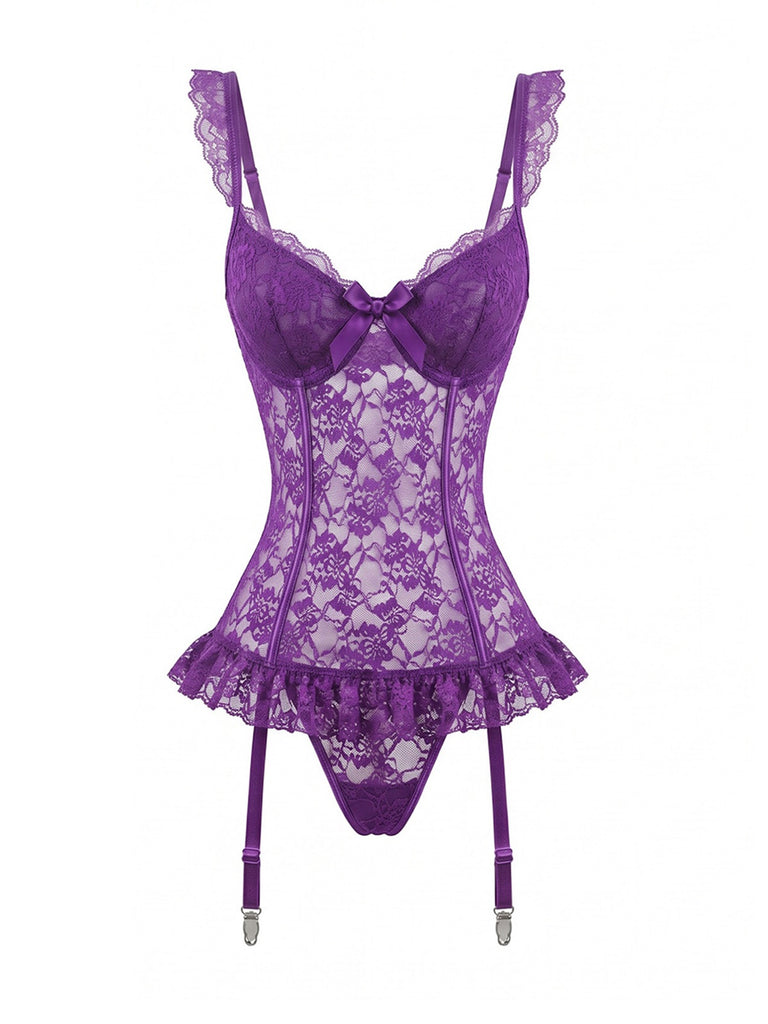 3PCS Lila 1980er Spitze Dessous Set mit Strümpfe