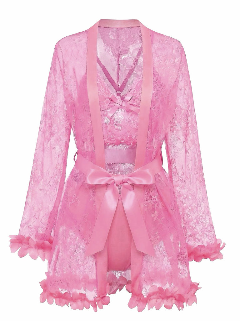 1970er Spitze Transparent Blüten Rüschen Besatz Dessous Set