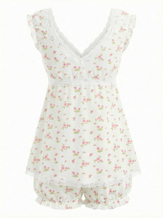 Rosa 1950er Ditsy Blumen Spitzenbesatz Rüschen Pyjama-Set