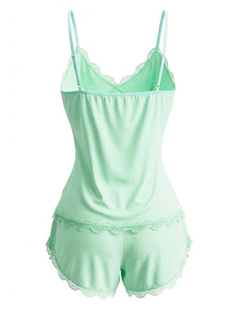 Grünes 1980er Slip Spitze Blumen Bogen Pajama Set