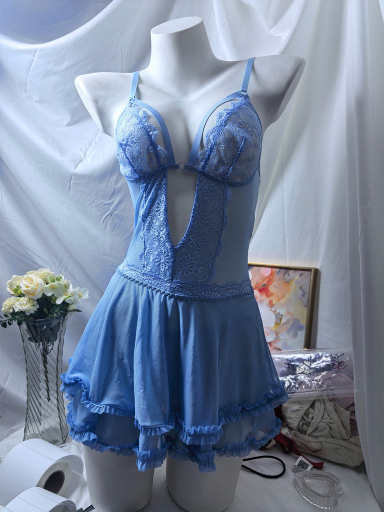 Blaue 80er Nachthemd mit Spaghettiträger und Blumen