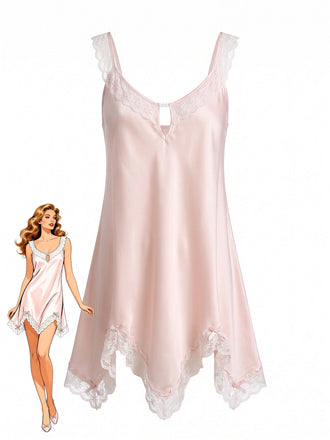Rosa 30er Satin-Nachthemd mit Rundhalsausschnitt und Spitze