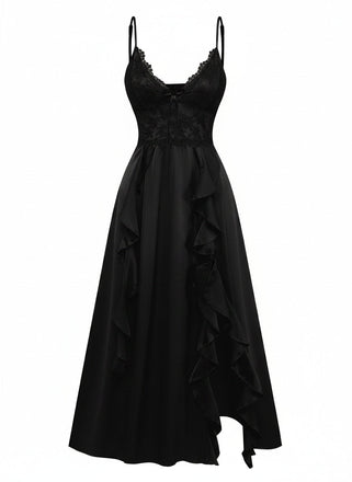 50er Satin-Nachtkleid mit Spitze und Spaghettiträgern