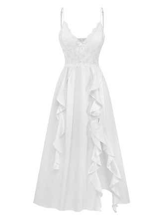 50er Satin-Nachtkleid mit Spitze und Spaghettiträgern