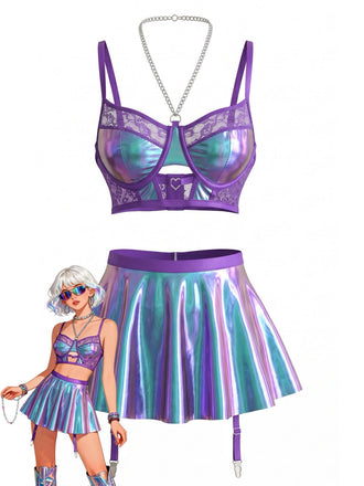 Lila 80er Dessous-Set mit Neckholder und Spitze