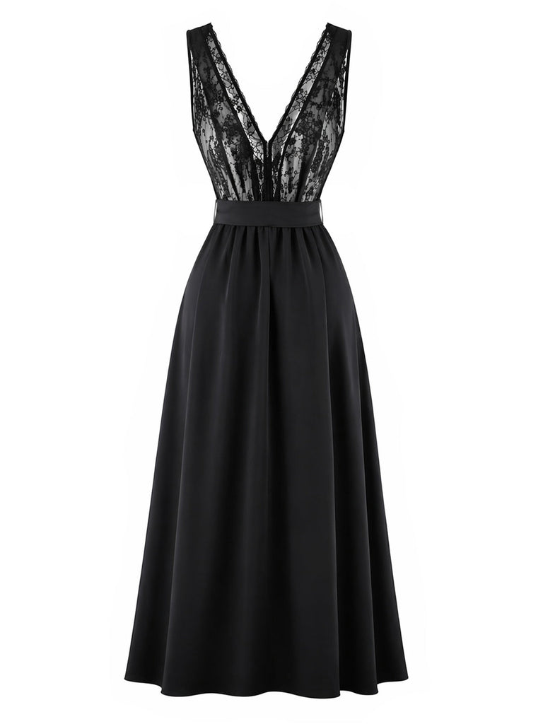 Schwarzes 40er Nachthemd mit Spitze und Satin