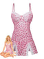 Pfirsichrosa 50er Babydoll-Dessous mit Herz-Leoparden-Print und Spitzenbesatz