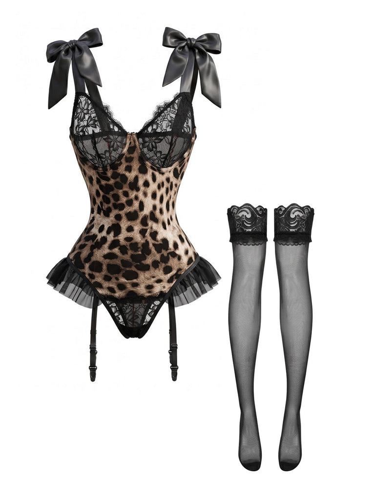 50er Dessous-Set mit Leopardenmuster und Strümpfen