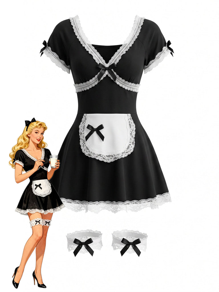 Schwarzes 80er Dienstmädchenkleid mit Schleife und Strumpfbändern